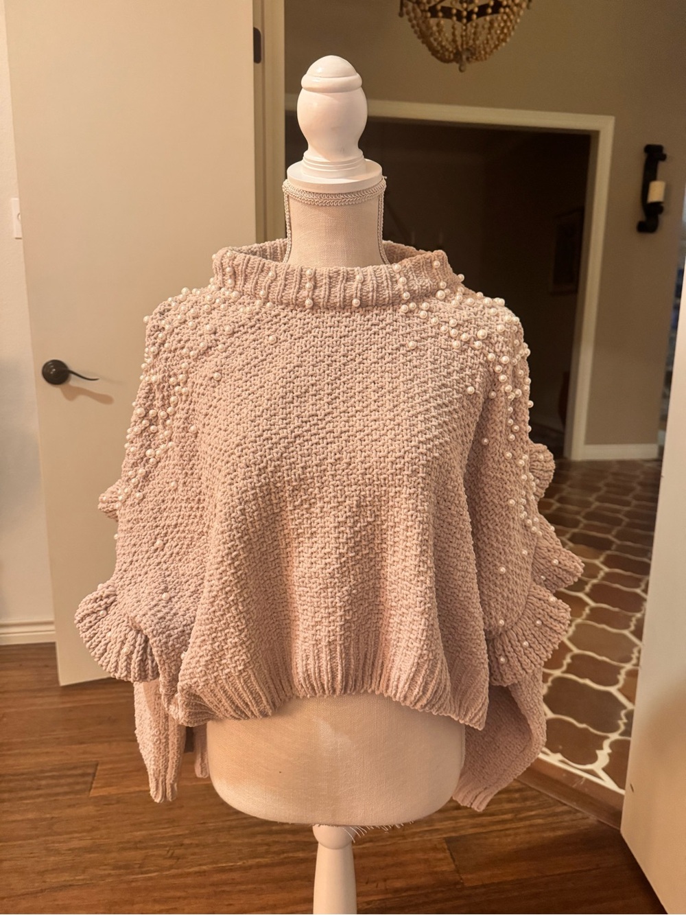 POL Pearl-Embellished Chunky Knit Turtleneck Sweater - Light Beige - NWOT